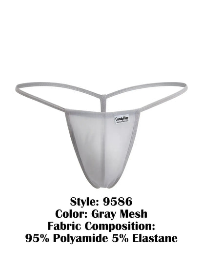 Gray mesh thong candyMan 9586 g-string with sleek form-fitting design and thin elastic straps shown from the back side