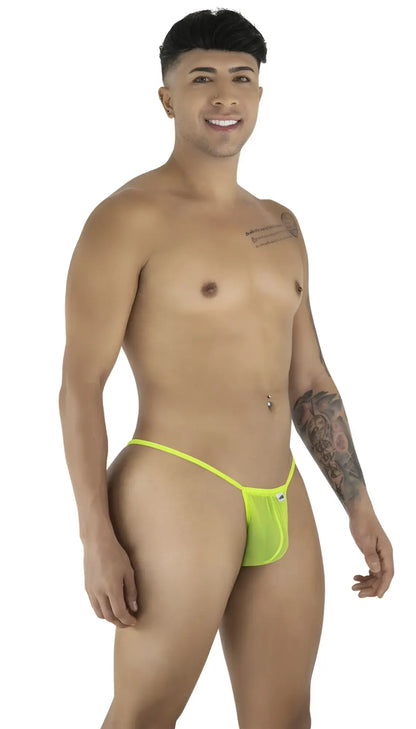 Bright neon green mesh CandyMan 9586 g-string thong with small white logo on the side shown from the back side