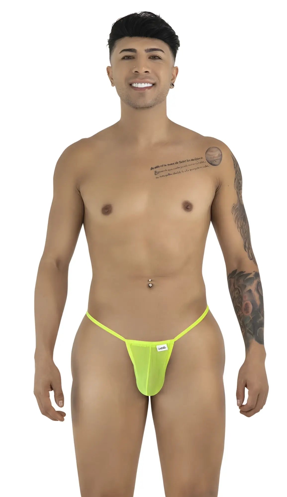 Bright neon green mesh thong candyMan 9586 g-string with small white brand tag on the side