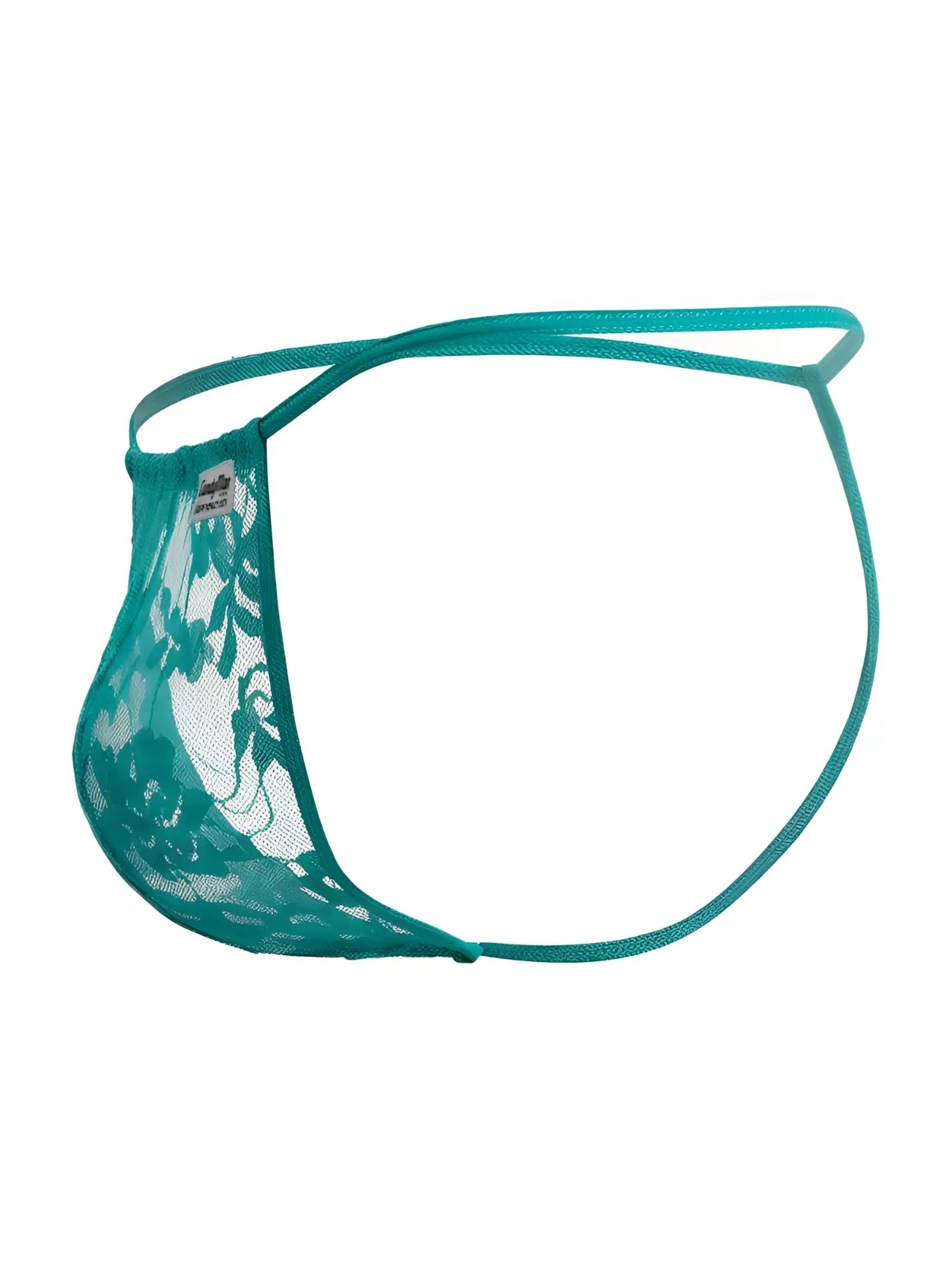 Teal lace thong with delicate floral pattern and thin elastic straps candyMan 9586 g-string color jade lace back view