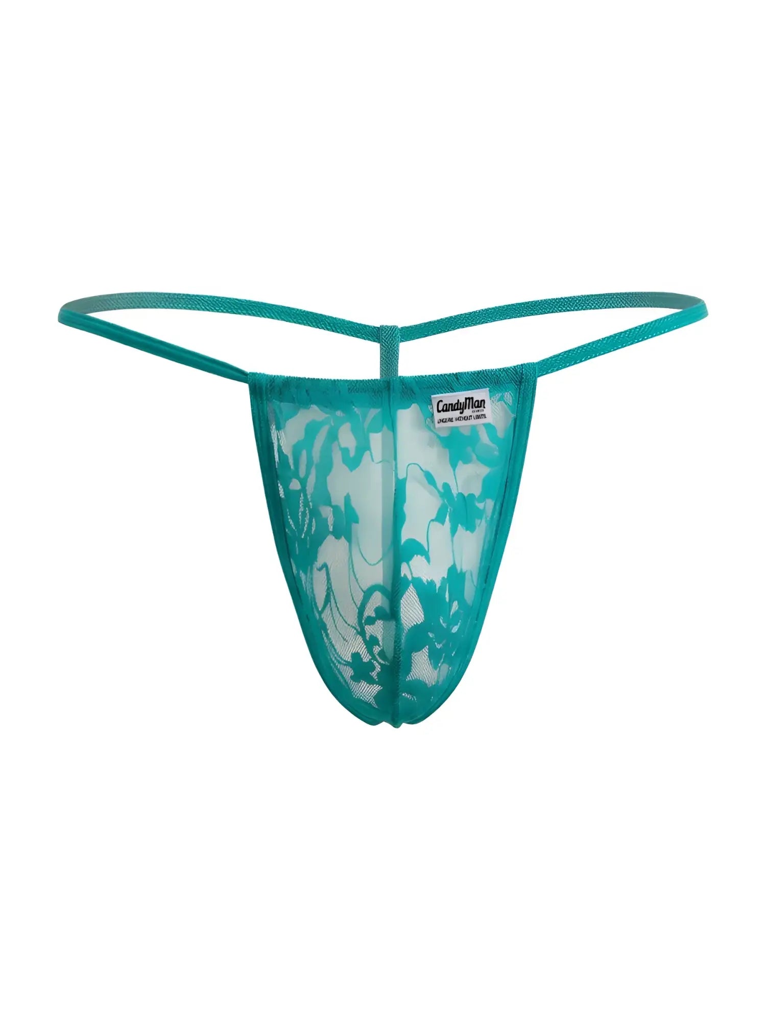 Teal lace thong g-string with floral pattern and brand tag candyMan 9586 jade lace design front view