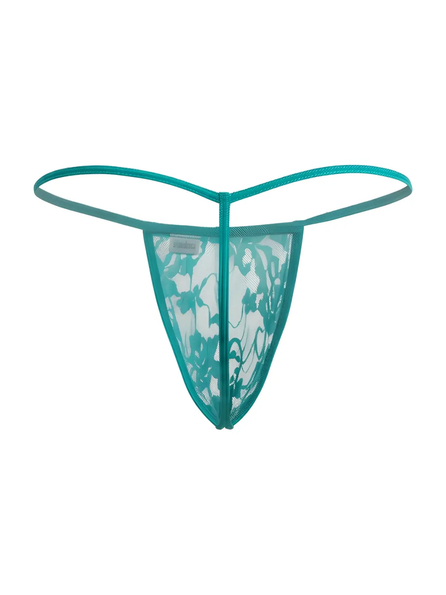 Teal lace thong g-string candyMan 9586 with sheer floral mesh design and thin elastic straps in jade lace color