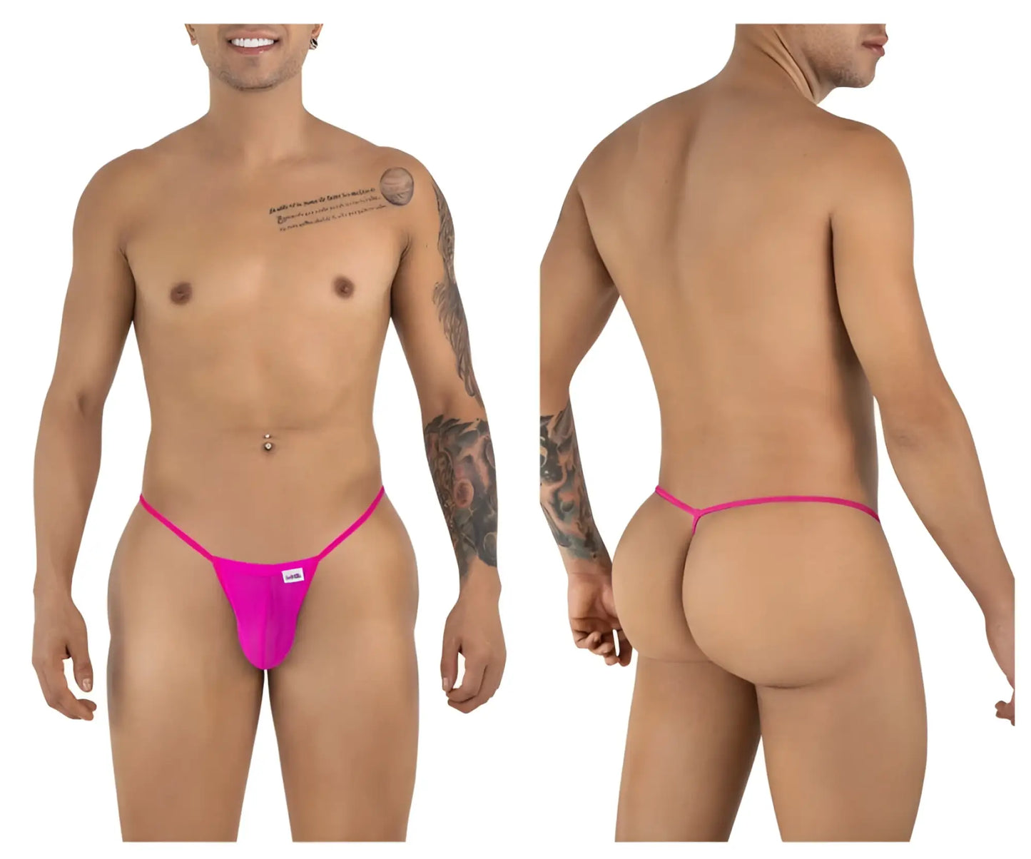 Bright pink CandyMan 9586 g-string thong made of magenta mesh with a small white brand tag at the front