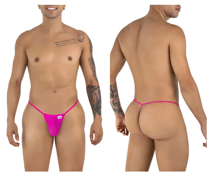Bright pink CandyMan 9586 g-string thong made of magenta mesh with a small white brand tag at the front