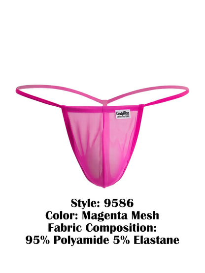 Magenta mesh g-string candy man 9586 featuring sheer stretchy fabric and thin elastic bands front view