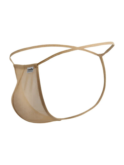 Beige mesh CandyMan 9586 g-string thong with thin adjustable straps and small brand tag shown from the back side