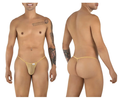 Beige CandyMan 9586 G-string with thin elastic waistband and small white brand tag in mocca mesh material