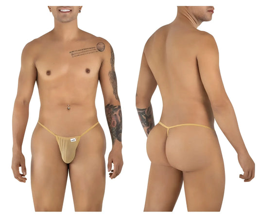 Beige CandyMan 9586 G-string with thin elastic waistband and small white brand tag in mocca mesh material