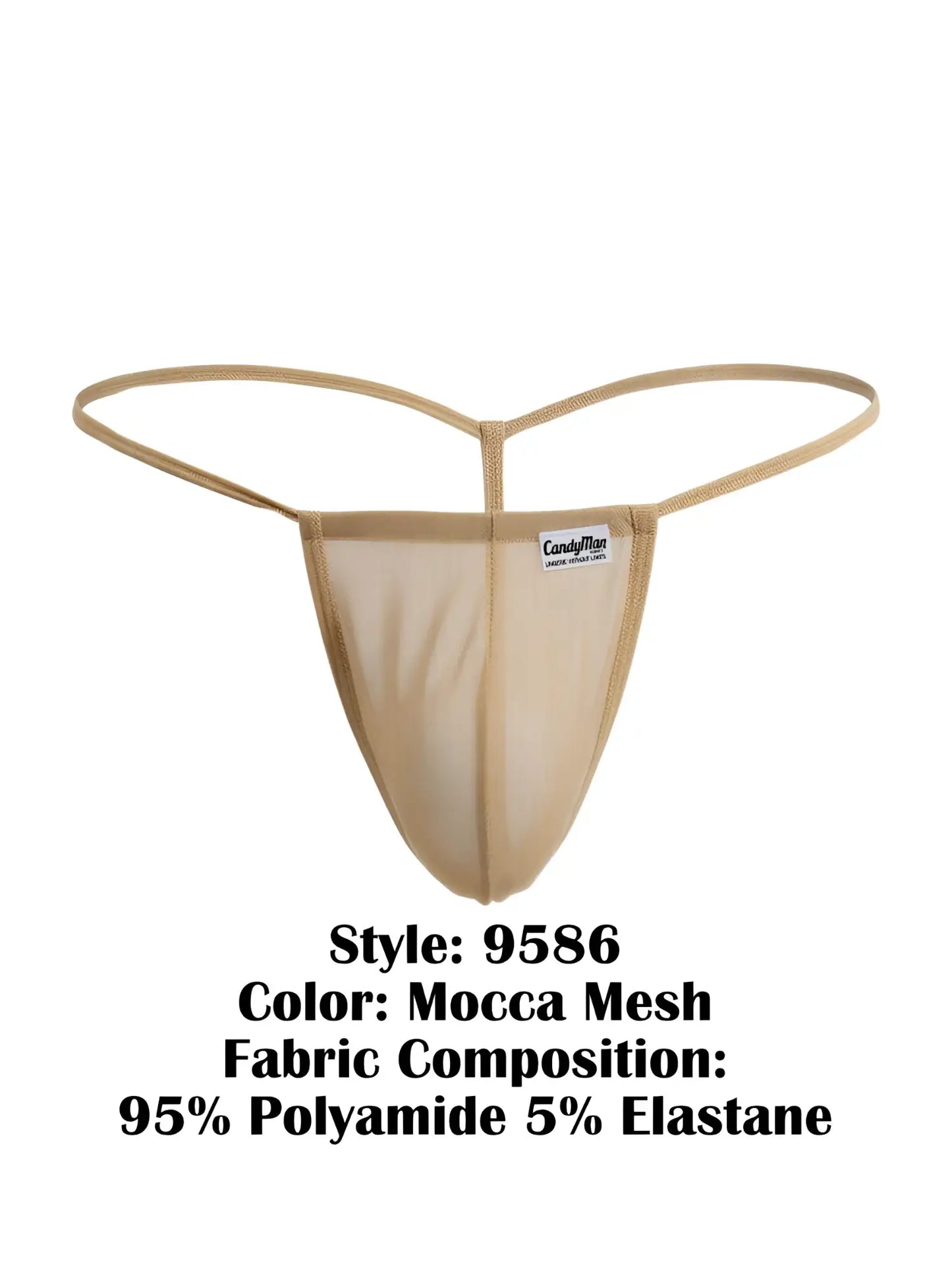 Beige CandyMan 9586 g-string mocca mesh thong with thin supportive straps and branded label on front side