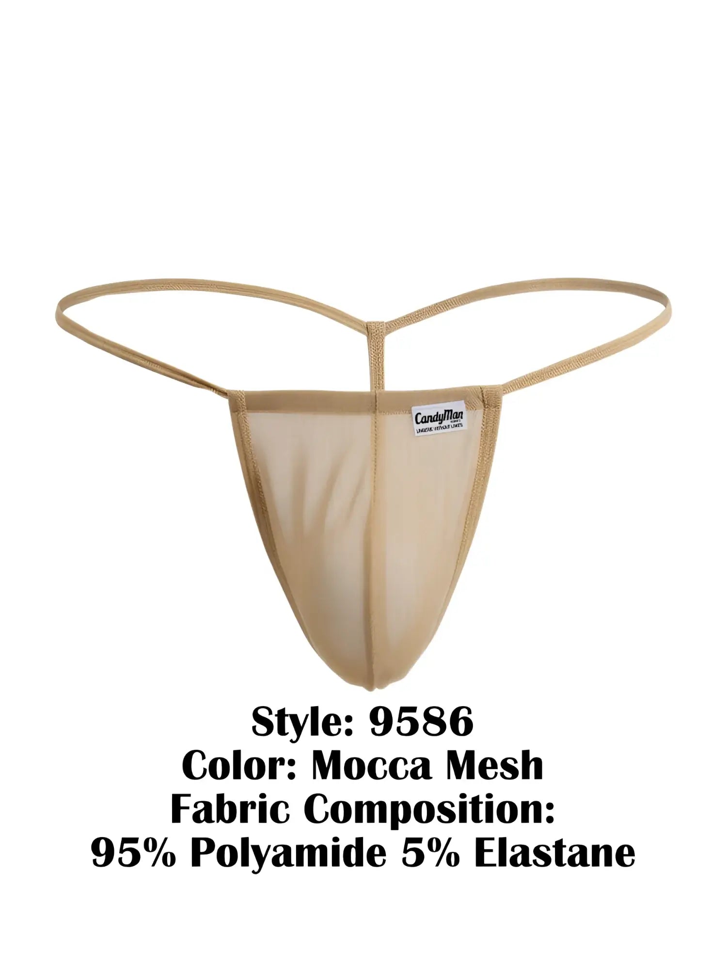 Beige CandyMan 9586 g-string mocca mesh thong with thin supportive straps and branded label on front side