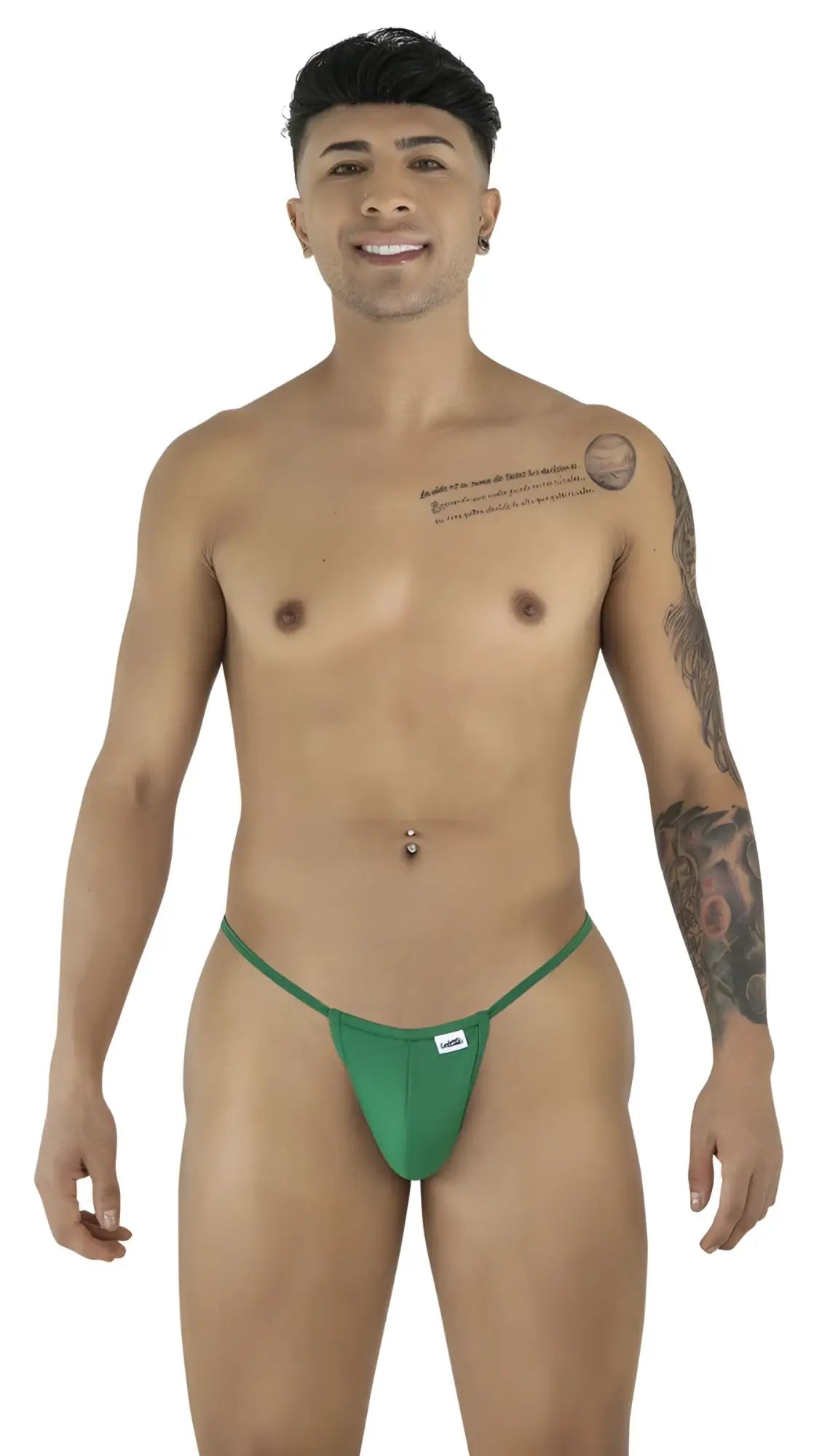 Green Cotton CandyMan 9586 G-string thong with a small white brand tag on the front in nature green color