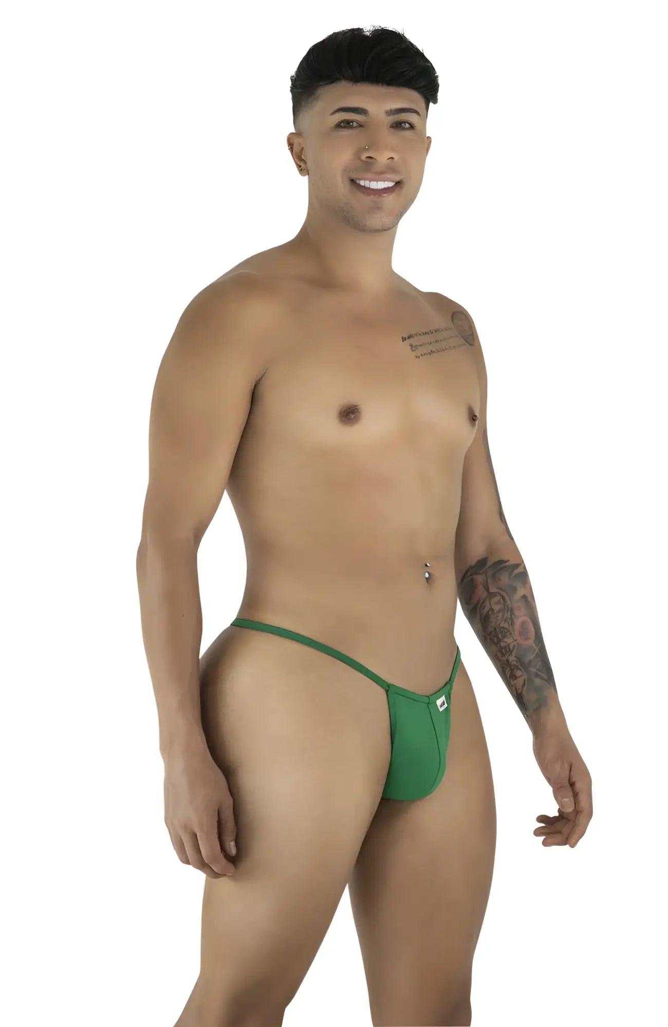 Green thong candy man 9586 g-string in nature green with small white logo on the front for comfortable wear