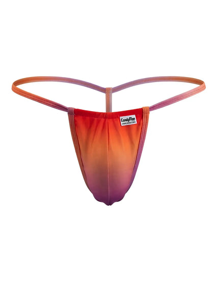 CandyMan 9586 g-string in vibrant orange to purple gradient with sleek stretchy fabric design visible from back side
