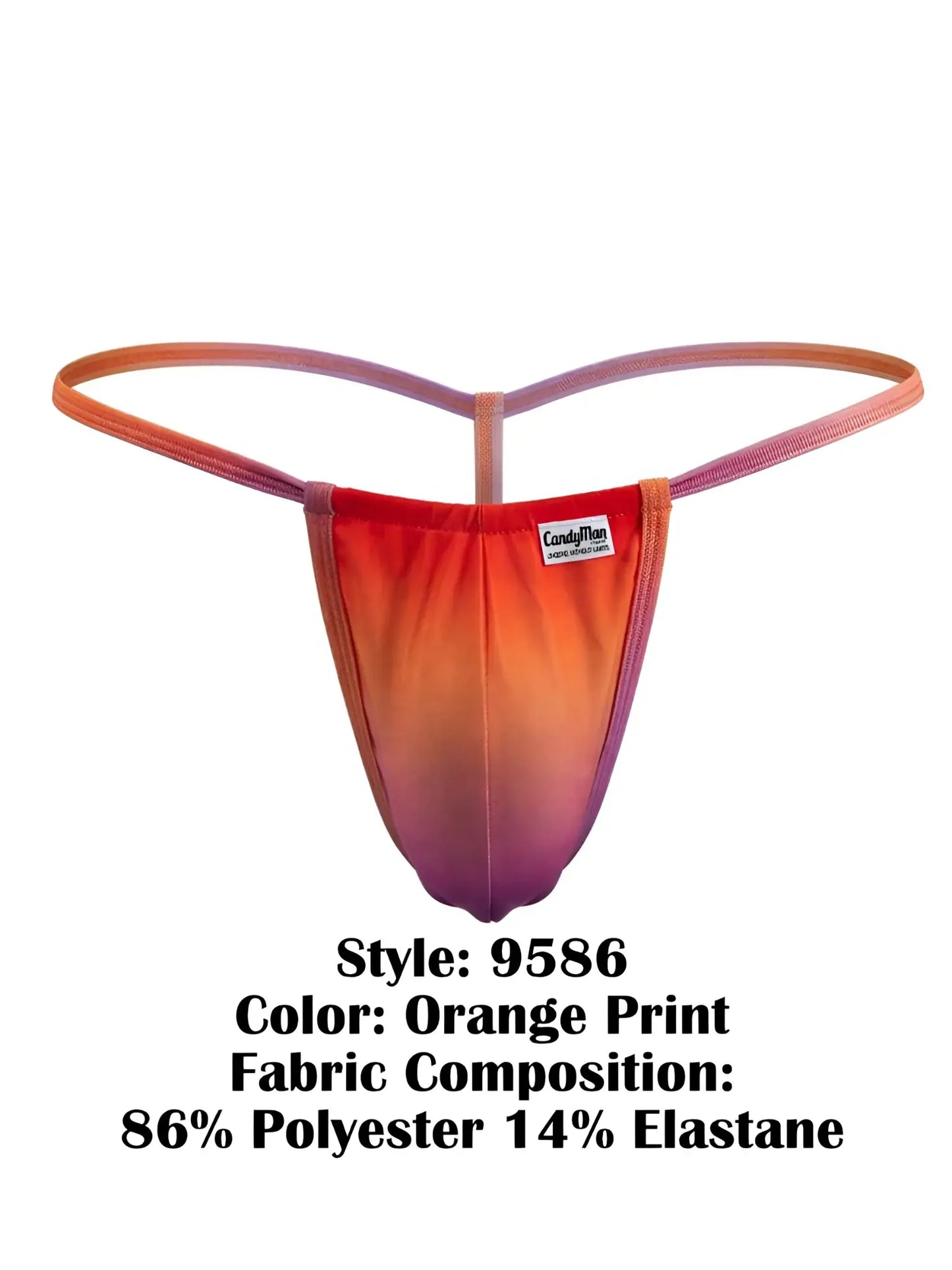 Vibrant orange to purple gradient candyMan 9586 g-string thong made of 86 polyester and 14 elastane with brand label