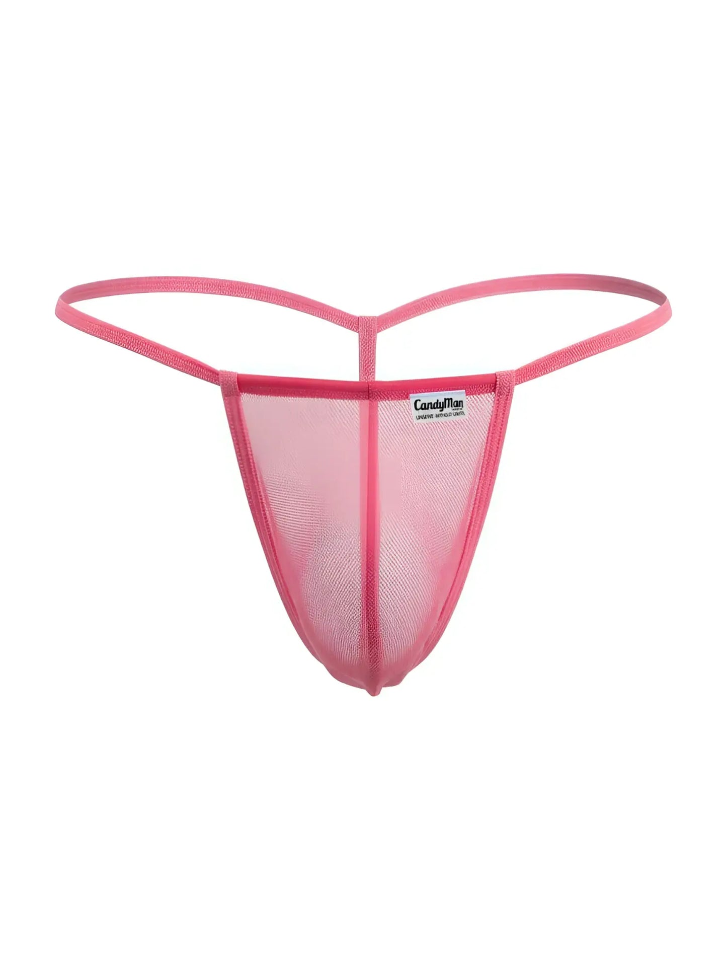 Pink mesh thong g-string candy man 9586 with branded label showcasing the front side of the product