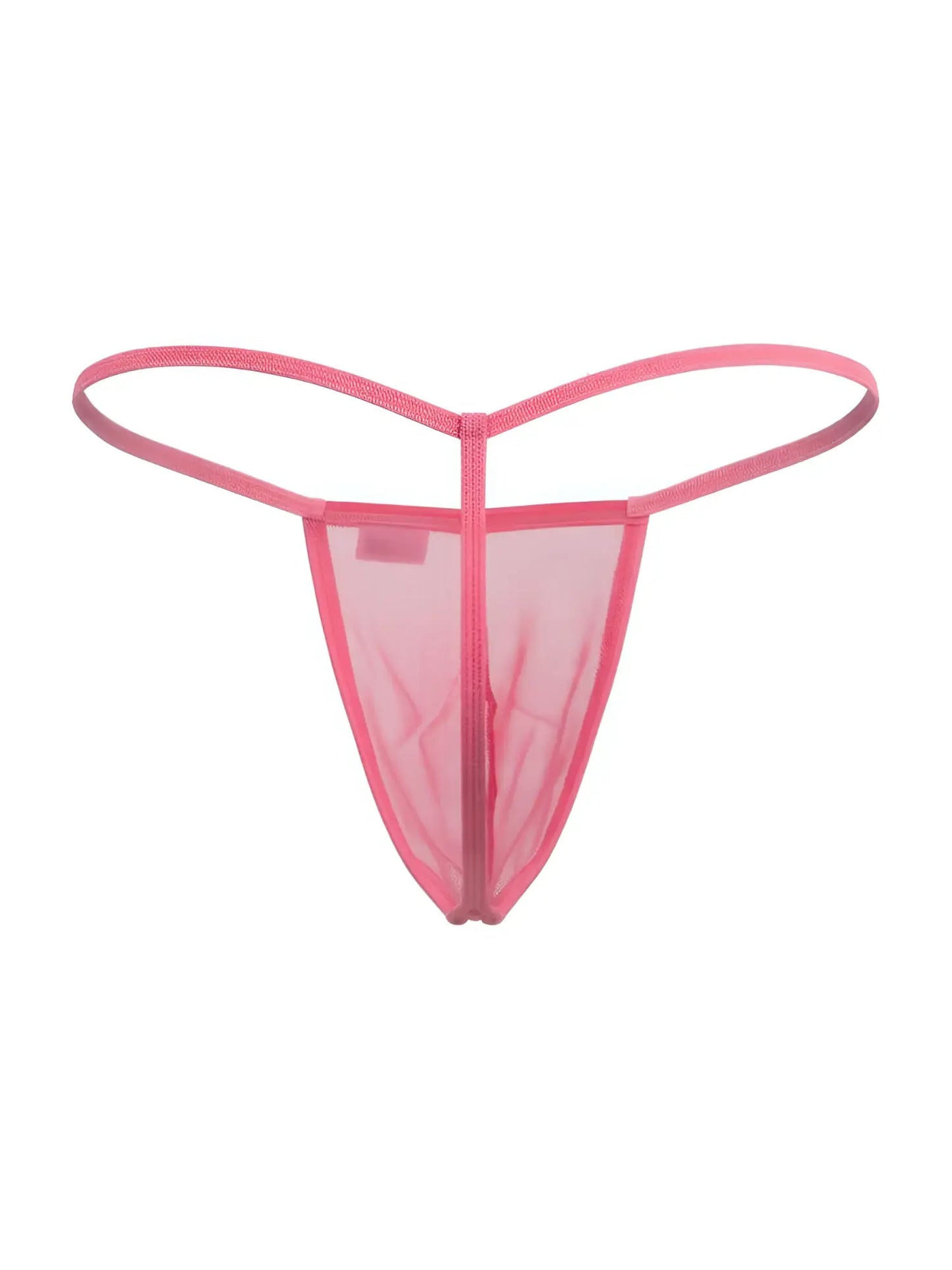 Pink mesh CandyMan 9586 G-string thong with central zipper and thin curved straps shown from the back side