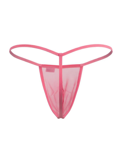 Pink mesh CandyMan 9586 G-string thong with central zipper and thin curved straps shown from the back side