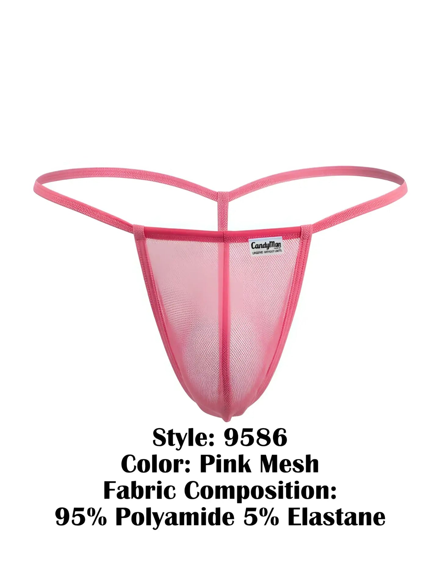 CandyMan 9586 pink mesh thong with supportive form-fitting design and thin elastic straps shown from the back side