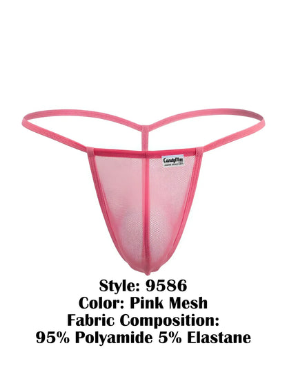 CandyMan 9586 pink mesh thong with supportive form-fitting design and thin elastic straps shown from the back side