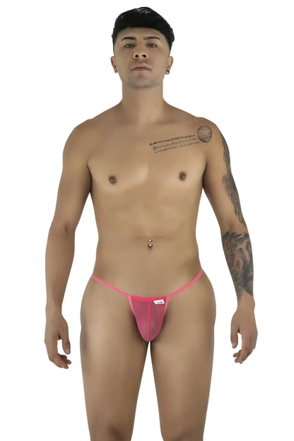 Pink mesh thong g-string candyMan 9586 with a small white label on the front for comfortable wear