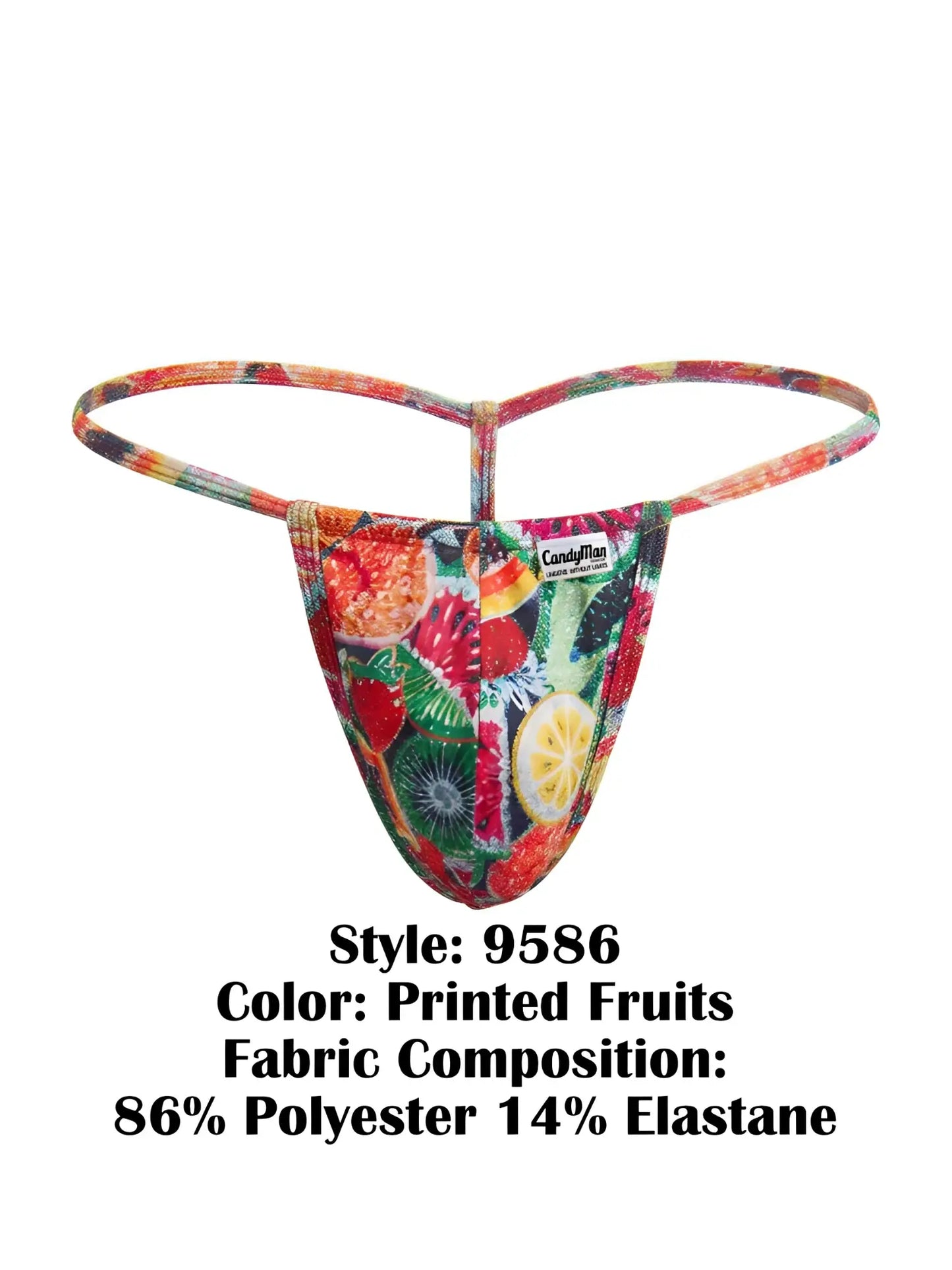Vibrant candyMan 9586 g-string with colorful fruit print made from 86 polyester 14 elastane for comfortable wear
