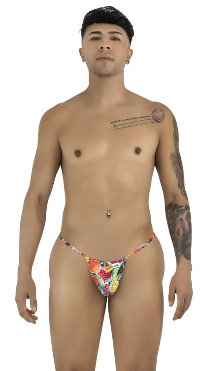 Vibrant tropical-patterned thong with colorful floral and fruit print in candyMan 9586 g-string color printed fruits design
