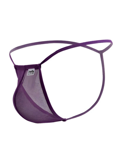 Purple mesh thong g-string with thin crisscrossing elastic straps and branded tag by candyman 9586