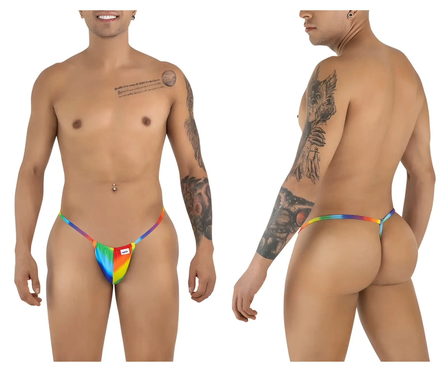 CandyMan 9586 g-string rainbow print stretchy fabric thong with a small red and white brand tag visible