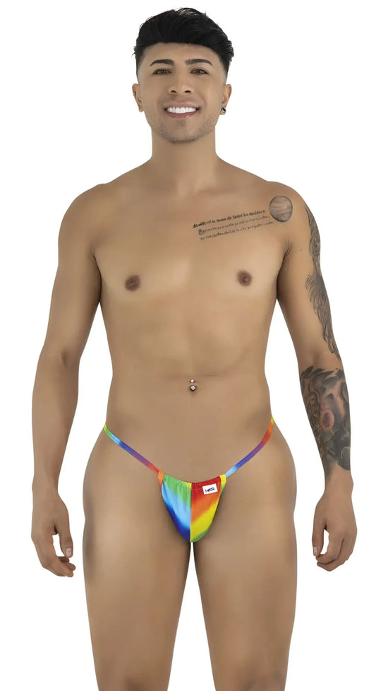 CandyMan 9586 g-string thong with rainbow tie-dye pattern and small white logo on the front