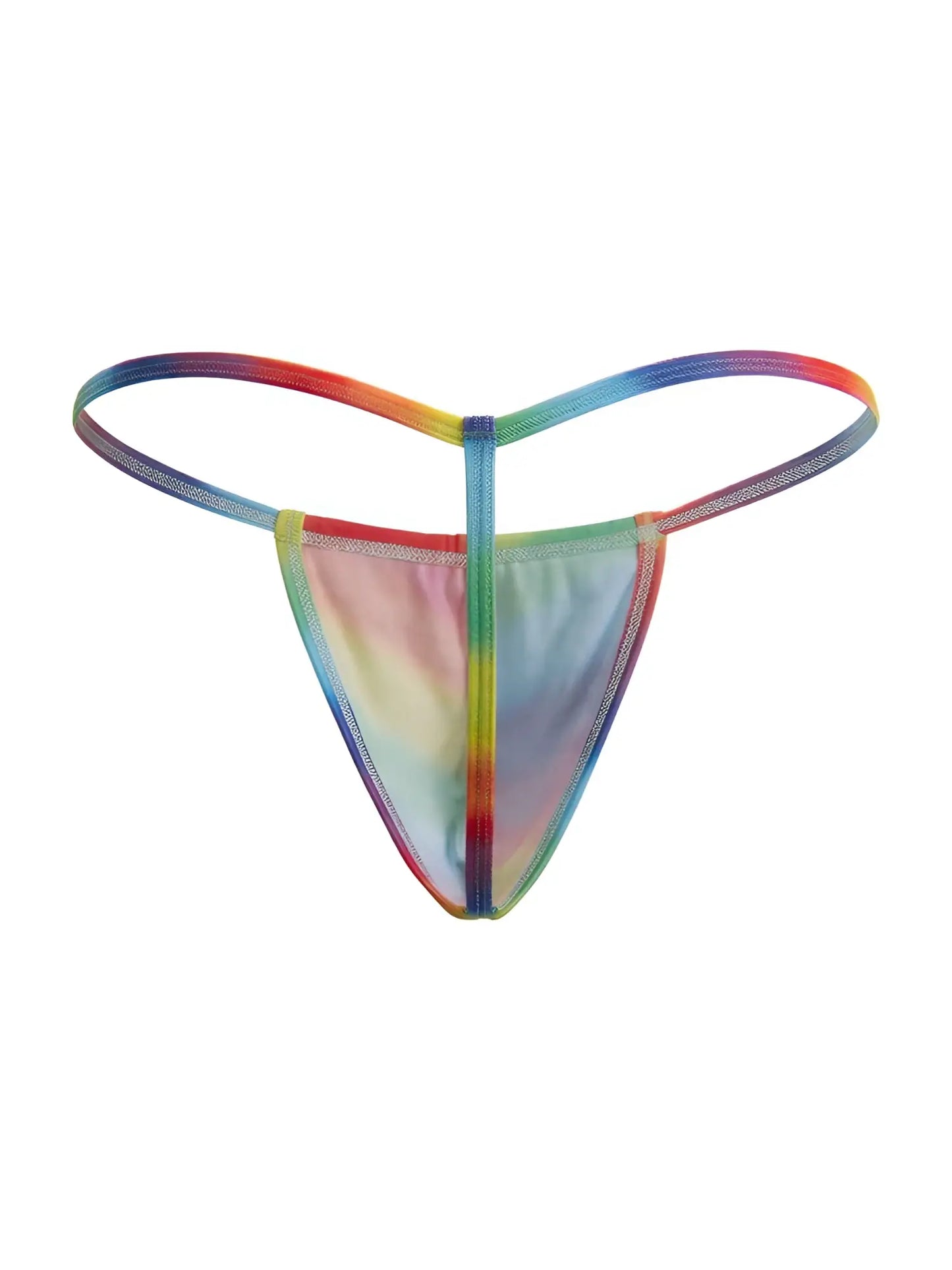 CandyMan 9586 g-string rainbow tie-dye mesh thong with sheer translucent fabric and colorful gradient design front view
