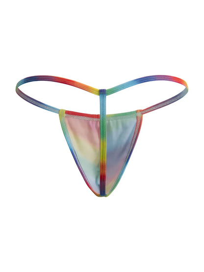 CandyMan 9586 g-string rainbow tie-dye mesh thong with sheer translucent fabric and colorful gradient design front view