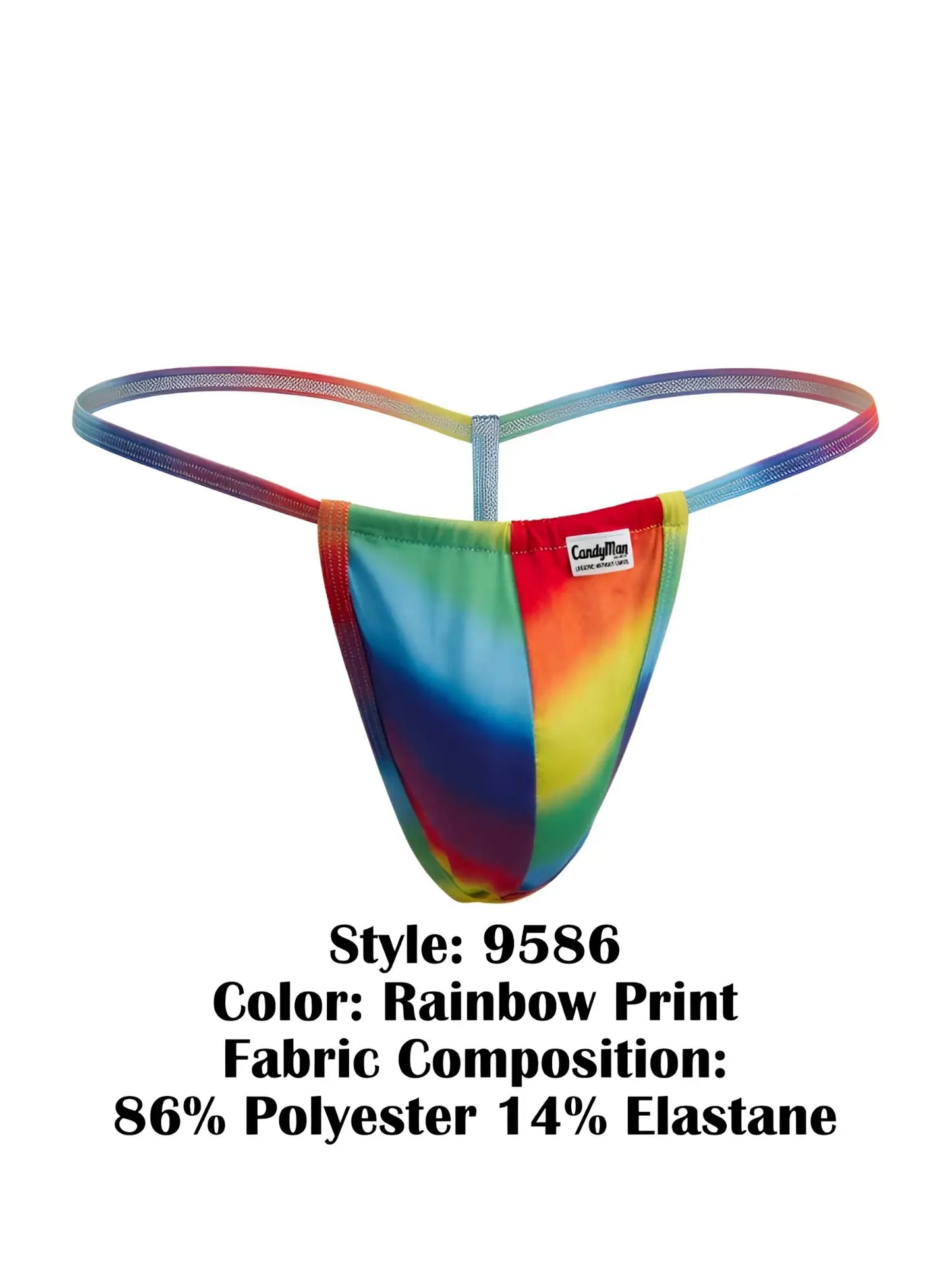 CandyMan 9586 g-string in rainbow tie-dye polyester and elastane blend thong shown from the back side