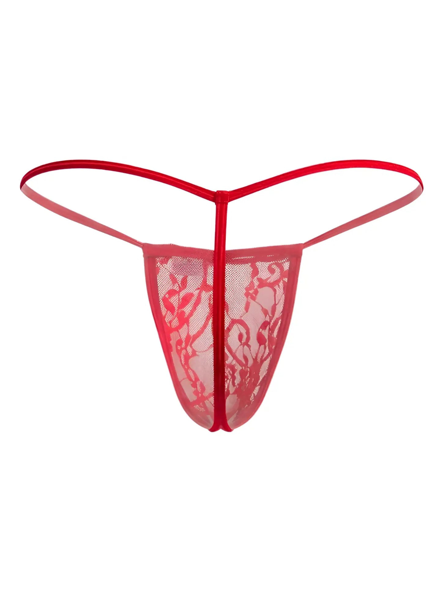 Red lace g-string by candyman featuring sheer mesh and delicate floral patterns in a vibrant red lace design