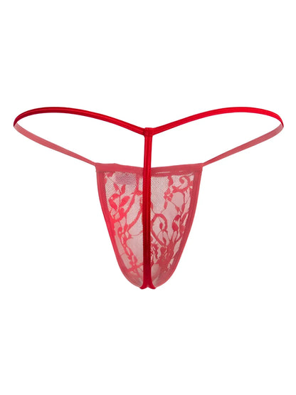 Red lace g-string by candyman featuring sheer mesh and delicate floral patterns in a vibrant red lace design