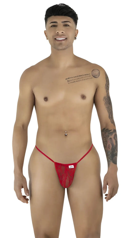 Red lace thong g-string by candyman featuring a small white label on the front
