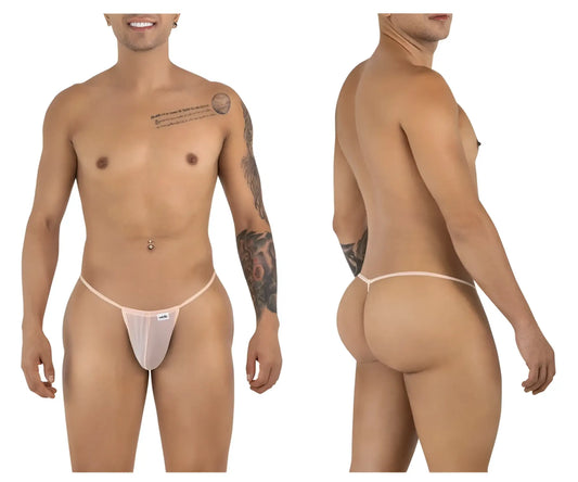 CandyMan 9586 g-string sheer light pink thong with minimalist design and brand tag in tangerine mesh material