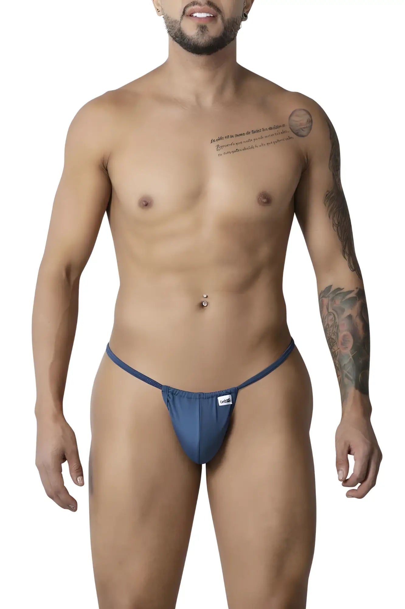 Blue athletic briefs candyMan 9586 g-string thongs with snug fit and elastic waistband in petrol blue color