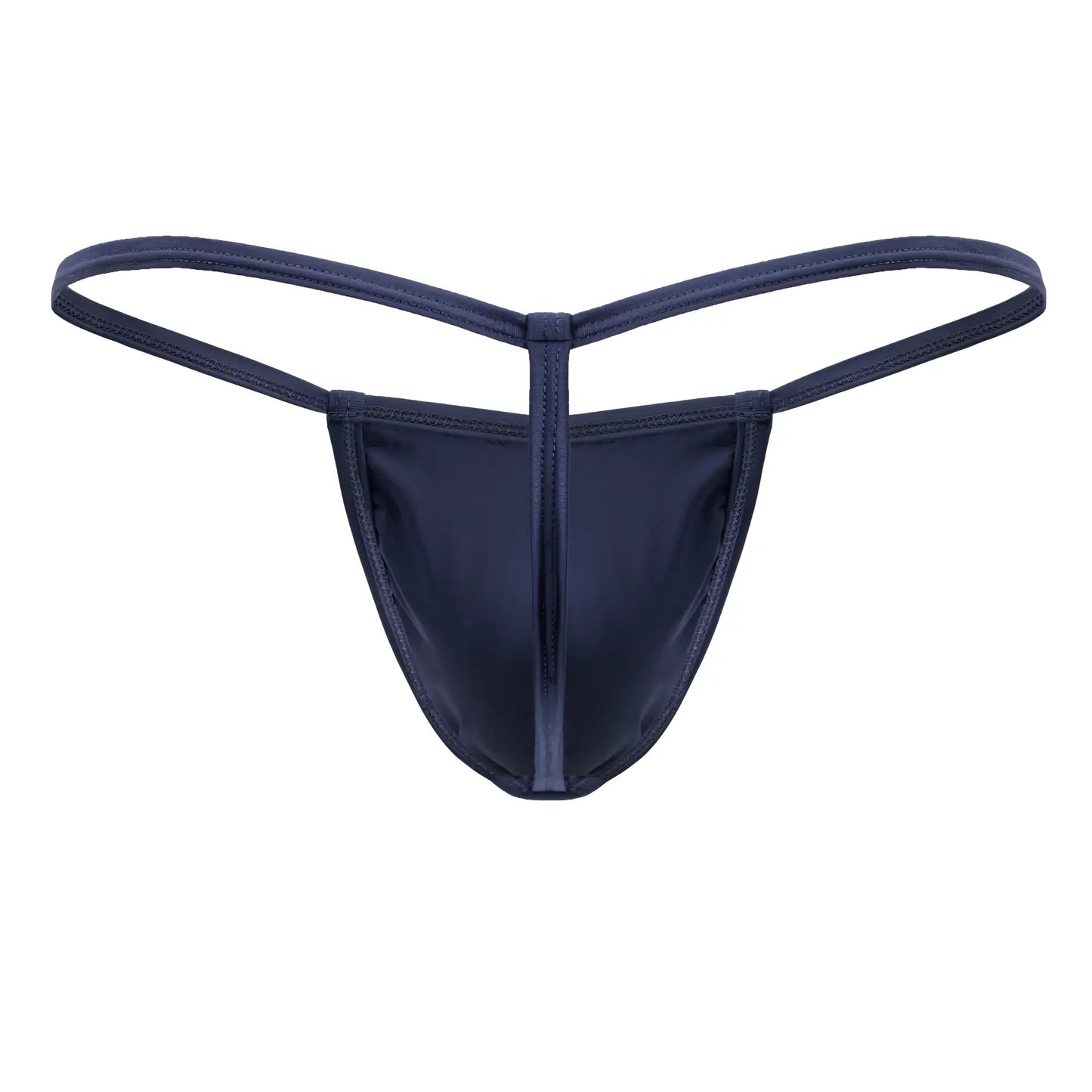 CandyMan 9586 petrol blue satin thong with central seam and thin matching fabric straps shown from the back side
