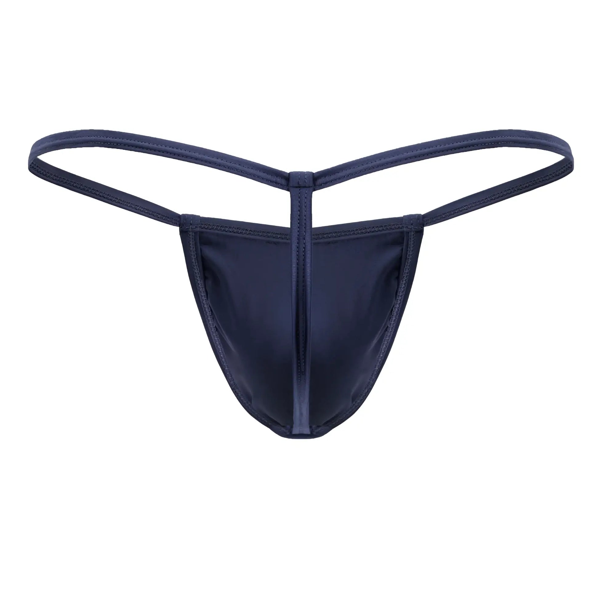 CandyMan 9586 petrol blue satin thong with central seam and thin matching fabric straps shown from the back side