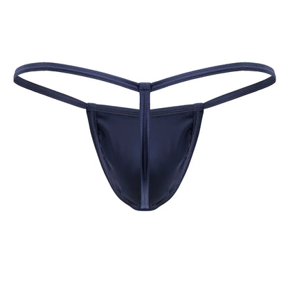 CandyMan 9586 petrol blue satin thong with central seam and thin matching fabric straps shown from the back side