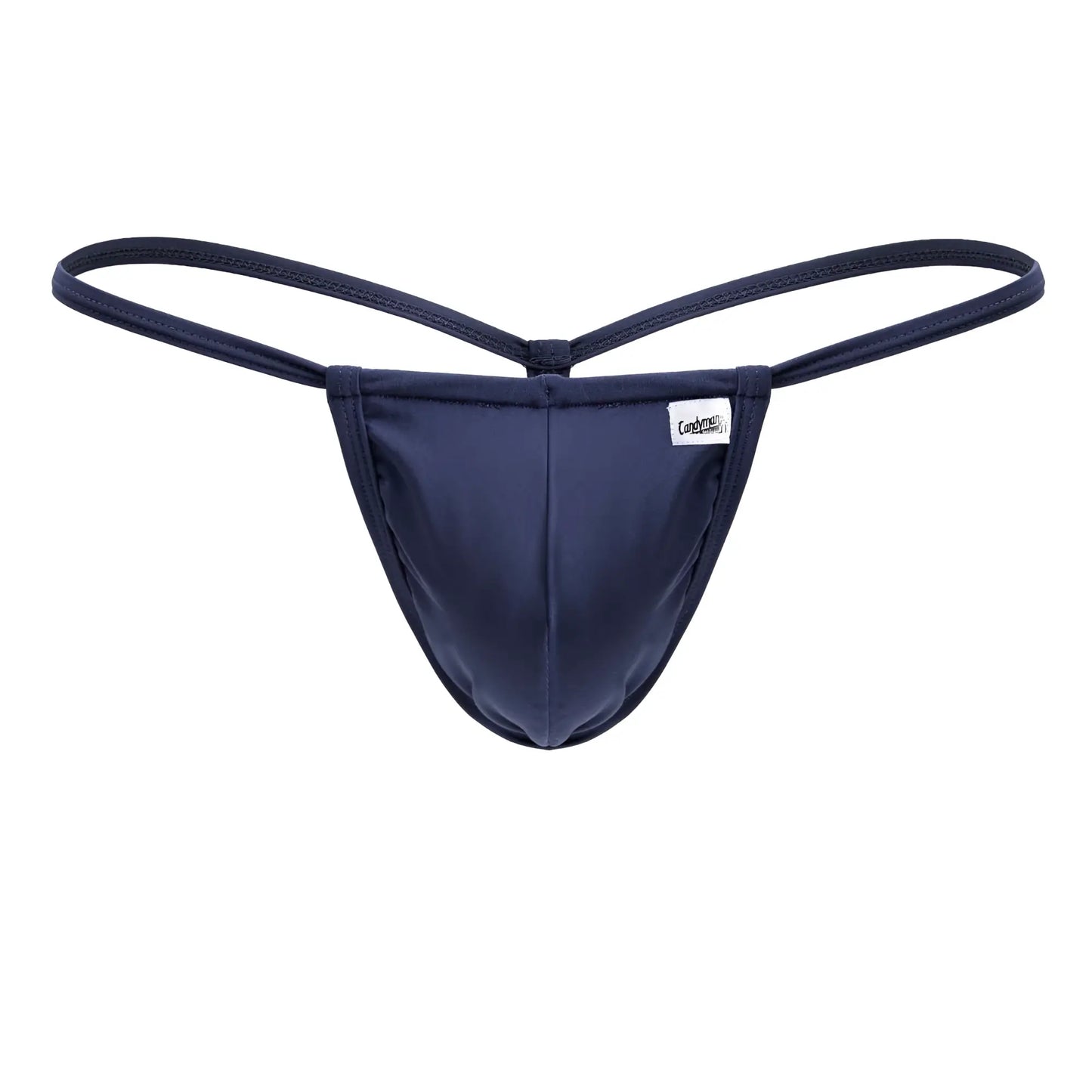 Navy blue cotton thong with thin straps and a small white brand tag front candyMan 9586 g-string petroleum blue