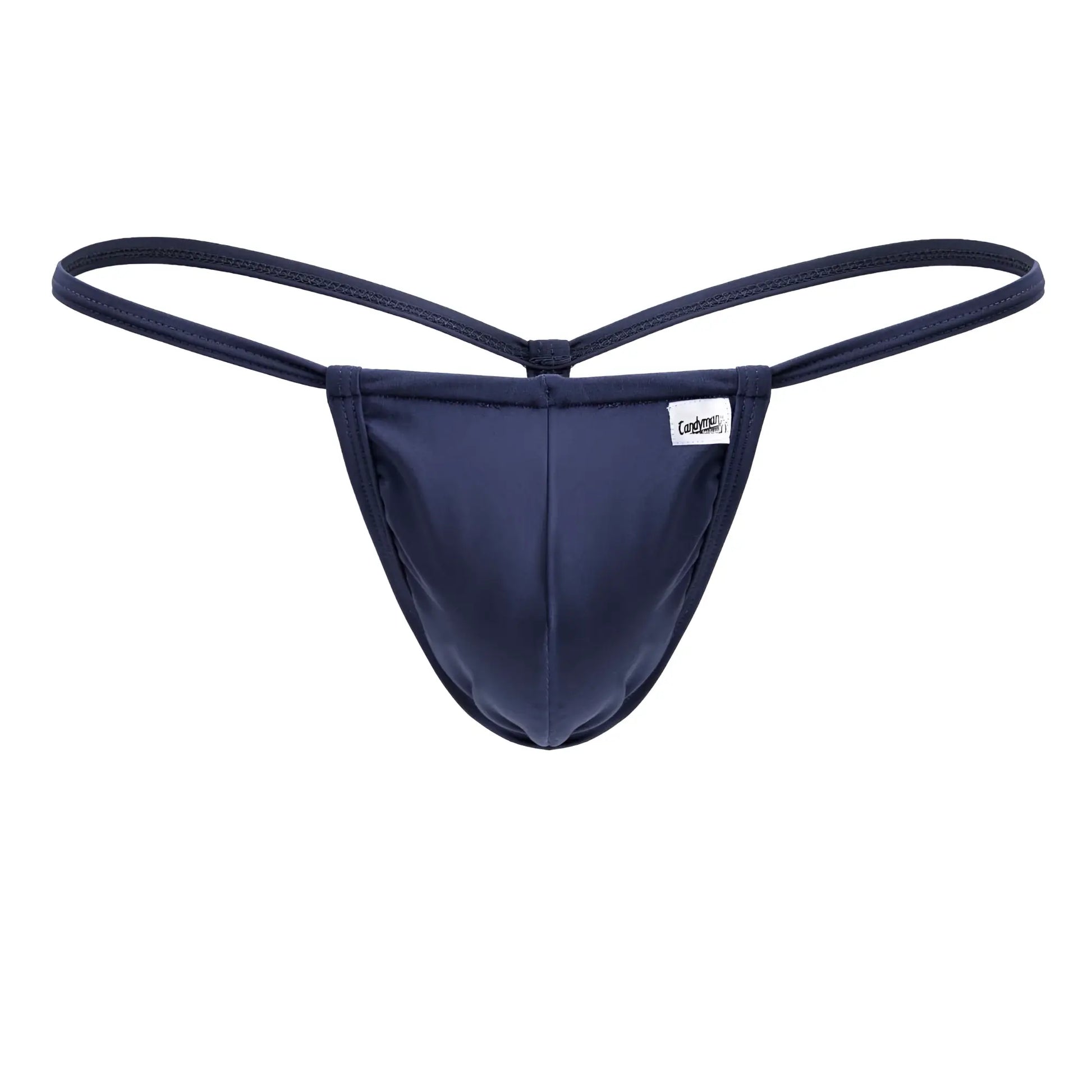 Navy blue cotton thong with thin straps and a small white brand tag front candyMan 9586 g-string petroleum blue