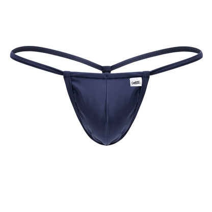 Navy blue cotton thong with thin straps and a small white brand tag front candyMan 9586 g-string petroleum blue