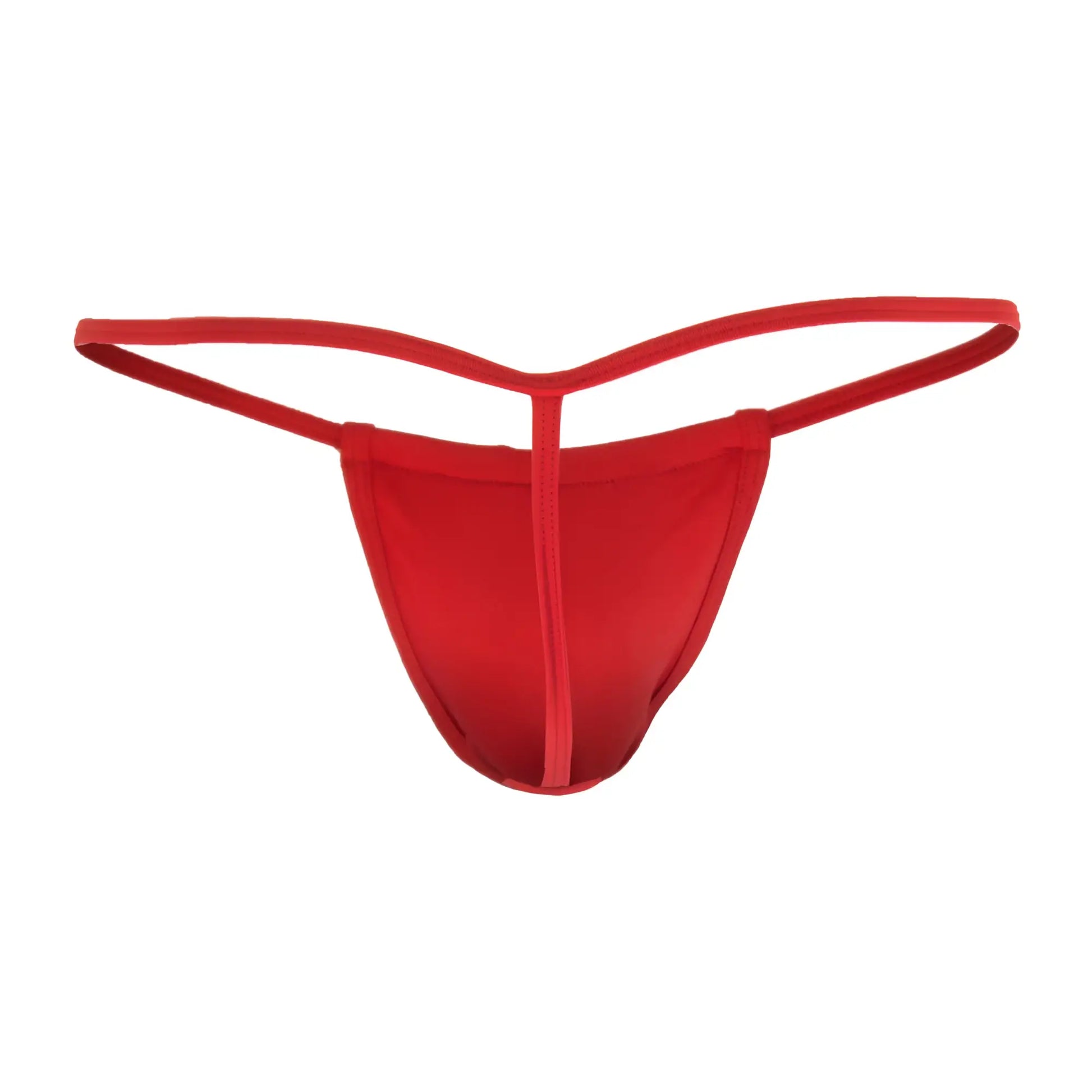 CandyMan 9586 red thong made of smooth stretchy fabric with thin straps and a simple design shown from the back side