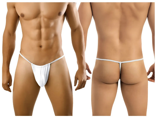 White cotton thong with thin waistband and back strap shown from the back in candyman 9586 thong color white