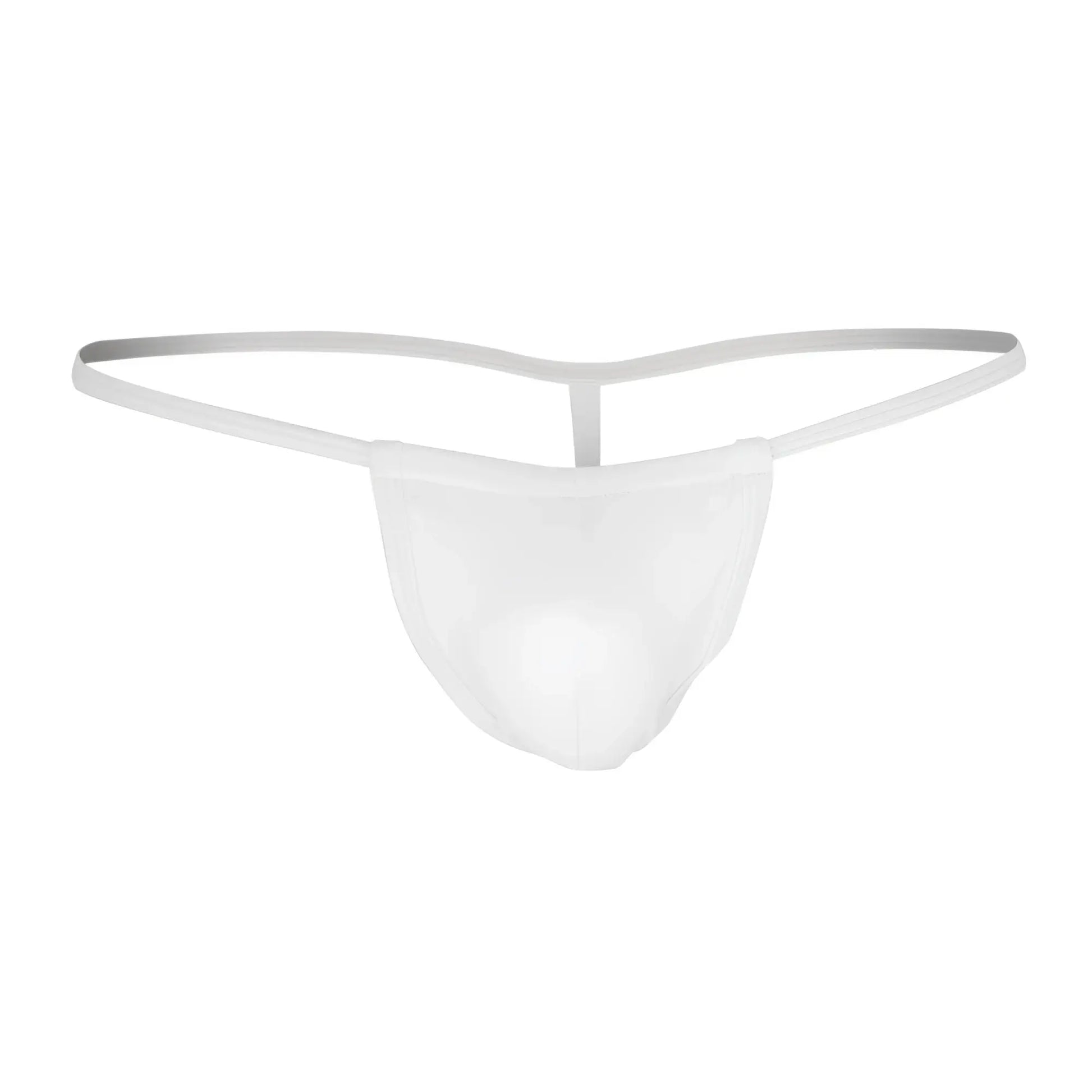 CandyMan 9586 white thong made of sheer mesh with thin adjustable elastic straps shown from the back side