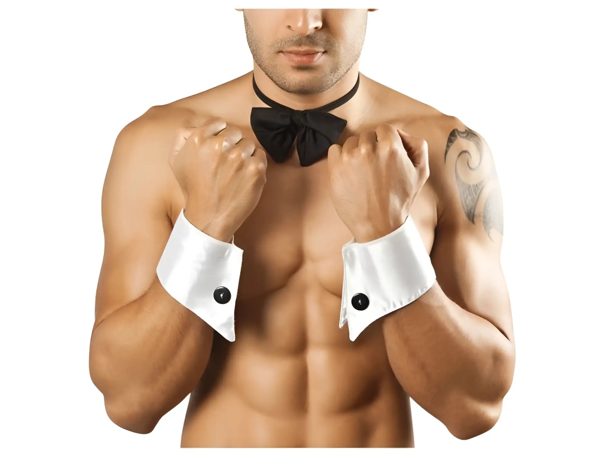 White satin cufflinks with black button accents from candyman 9646 bowtie and cuffs only set