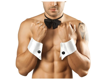 White satin cufflinks with black button accents from candyman 9646 bowtie and cuffs only set