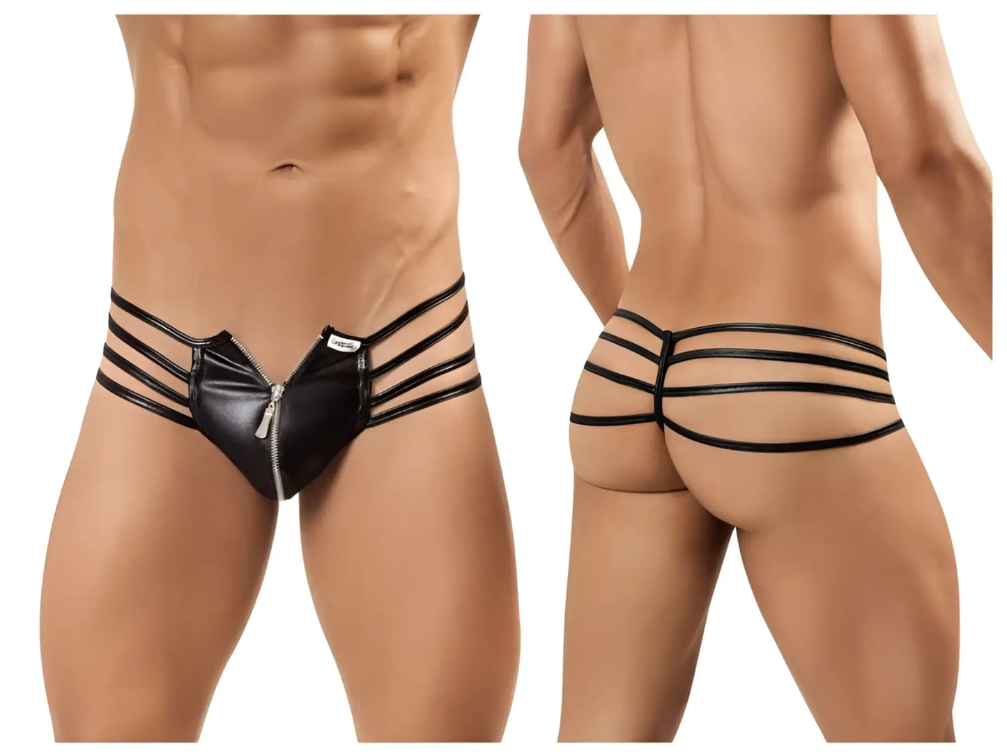 Black faux leather CandyMan 99140 thong with a central zipper and three horizontal straps
