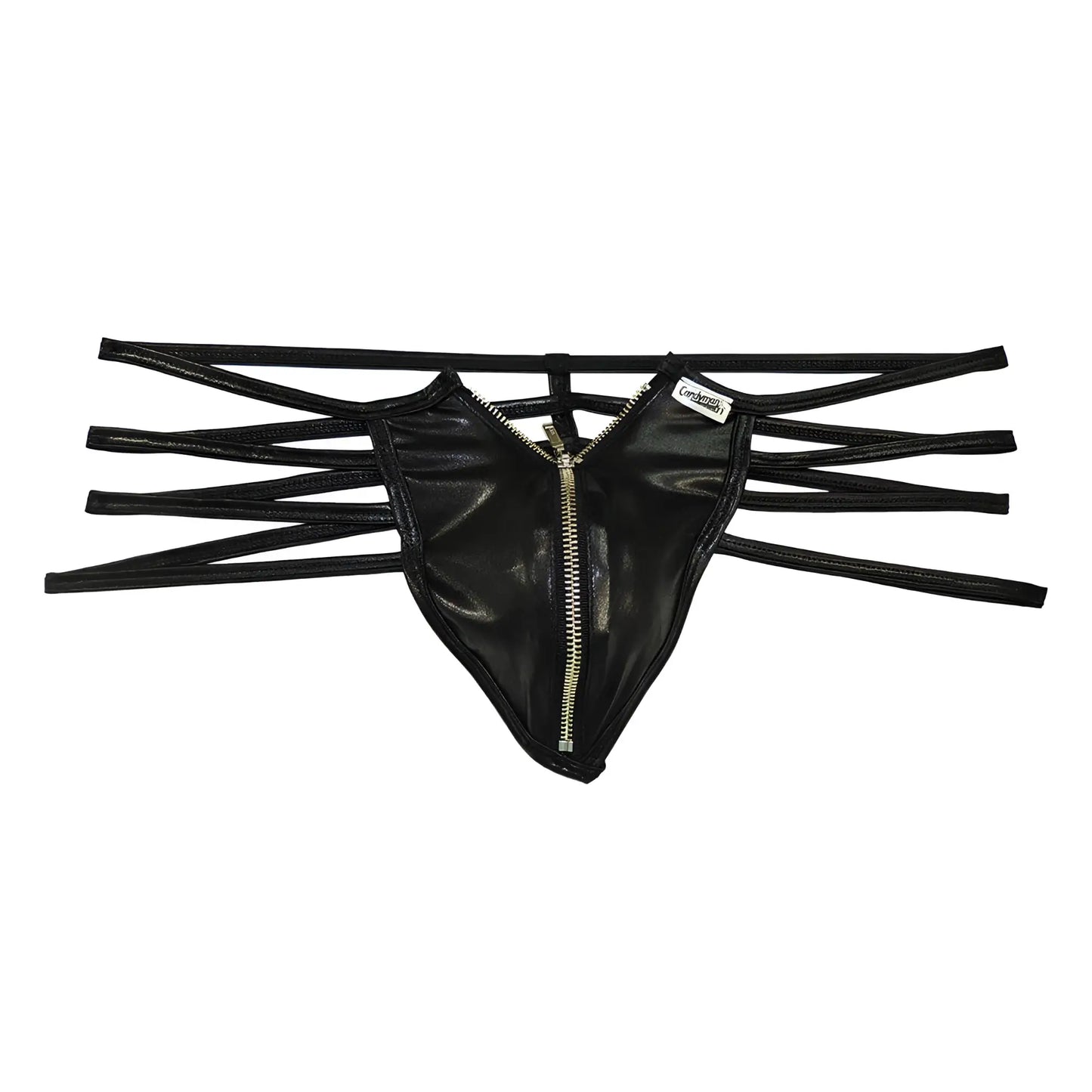 Black faux leather CandyMan 99140 thong with central zipper and multiple thin straps for stylish wear
